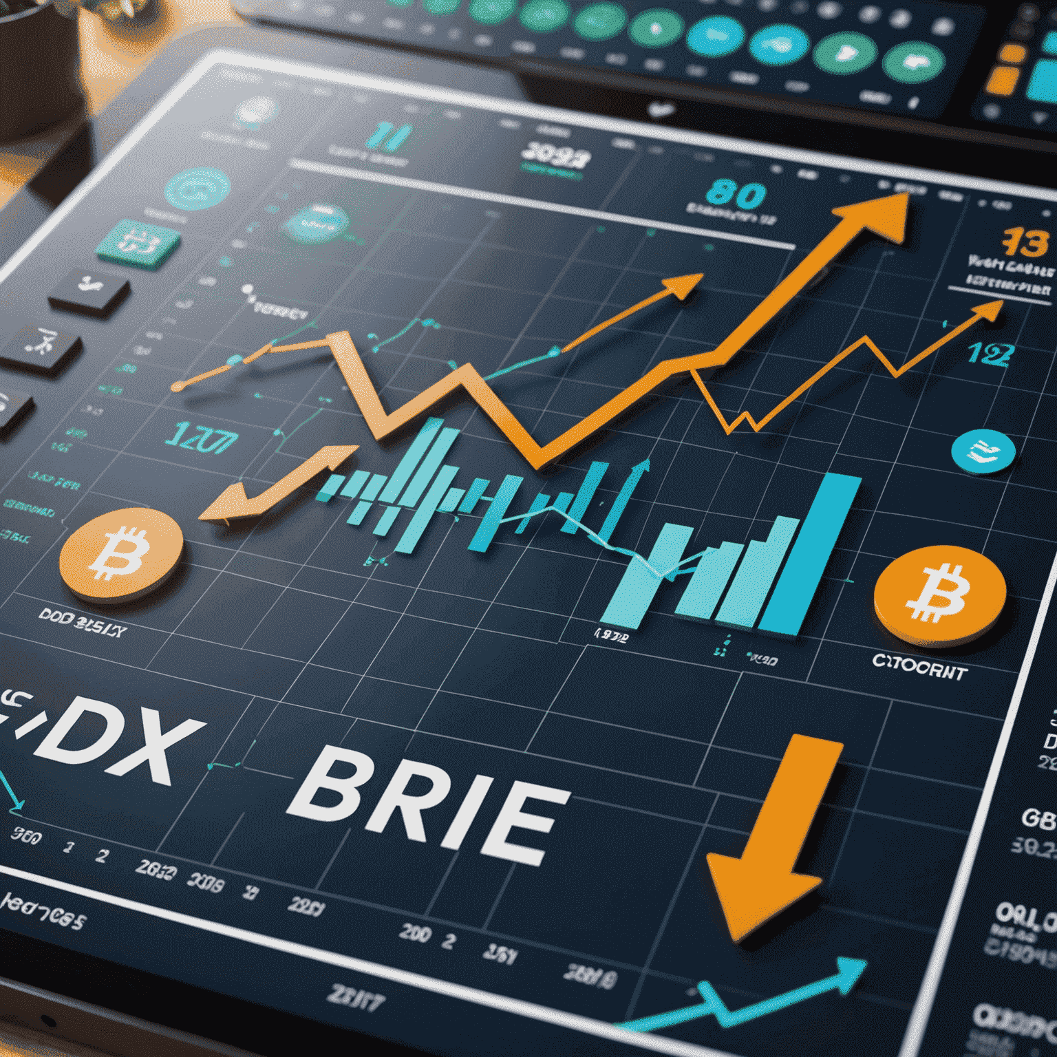 A dynamic chart showing various market trends with arrows pointing upwards and downwards, representing stock, forex, and cryptocurrency movements