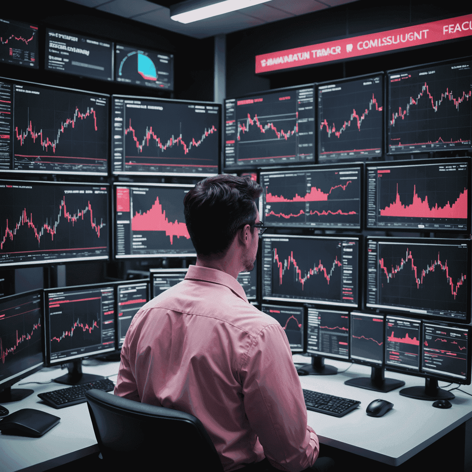 A trader analyzing multiple screens displaying various economic indicators and charts. The scene is set in a modern trading environment with a color scheme emphasizing red, pink, and black tones.