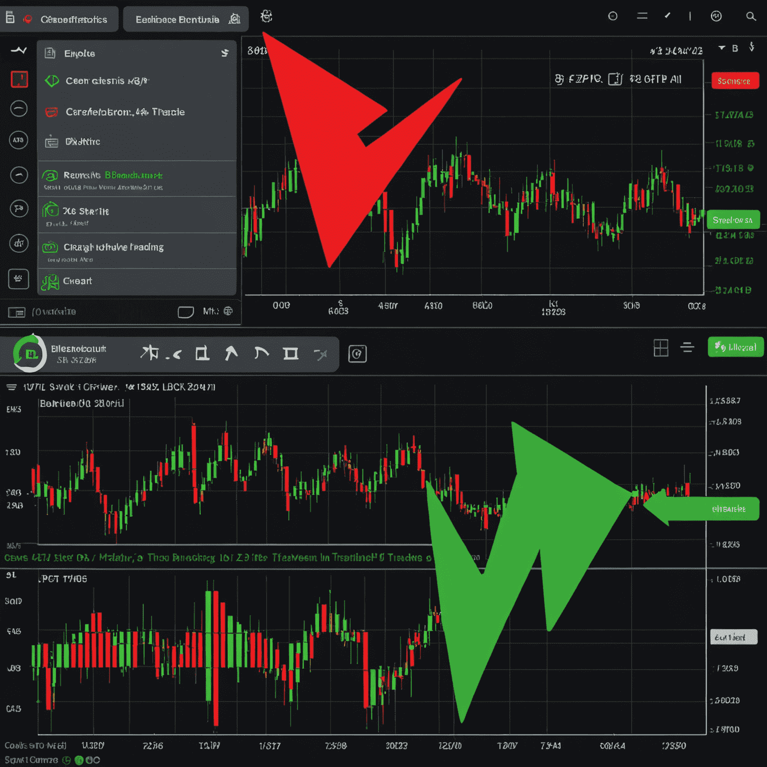 A split-screen image showing a successful breakout trade on the left with green arrows, and a failed breakout attempt on the right with red arrows, illustrating the importance of confirmation in breakout trading