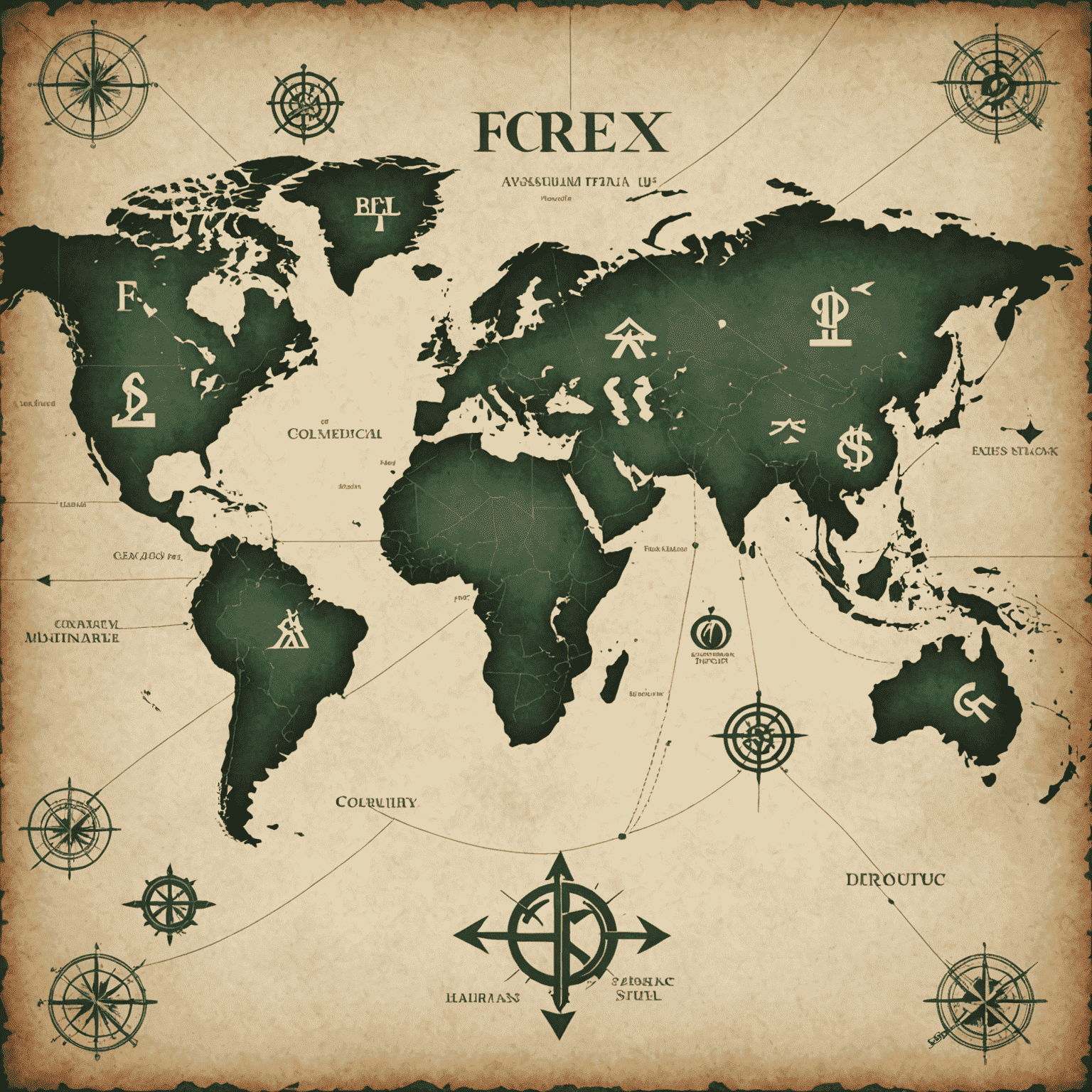 A world map with major currency symbols and arrows indicating forex market movements