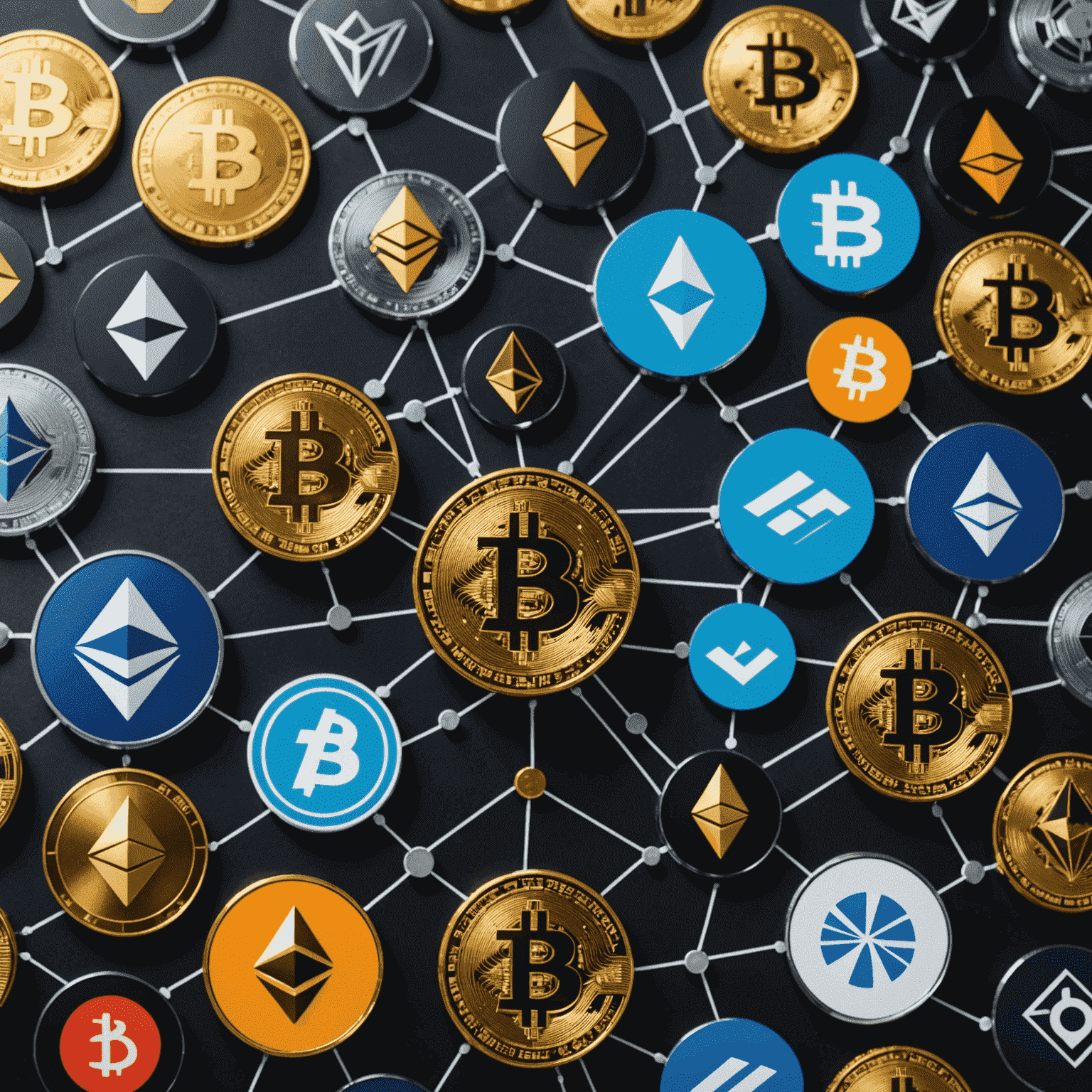 Various cryptocurrency logos with a blockchain network visualization in the background